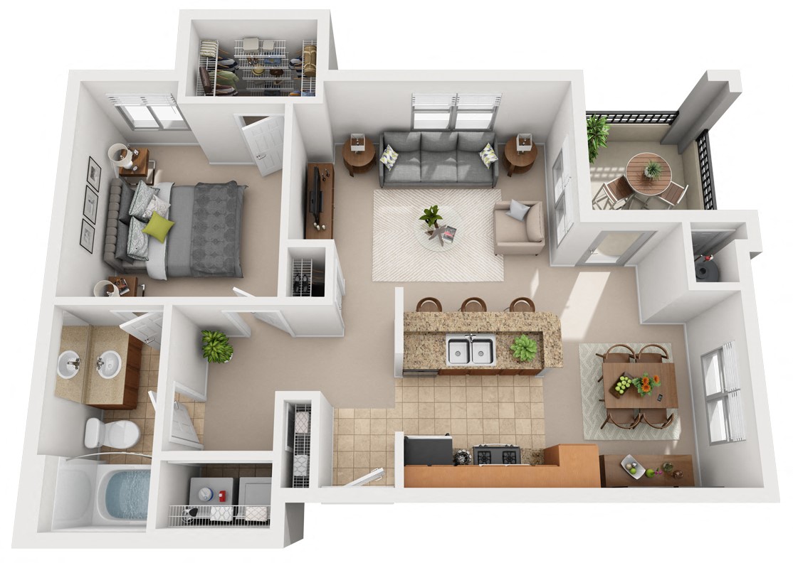 Floor plan for 1 bed, 1 bath, 767 sqft